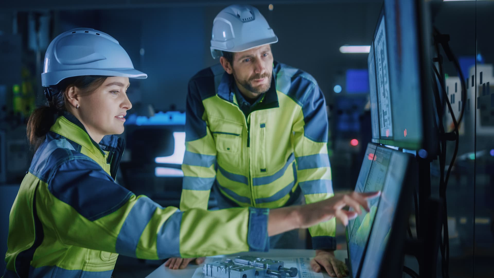 Two co-workers, one male, one female, are working together inside a high-tech manufacturing plant. They wear high visibility jackets and white hardhats. The woman is pointing to a computer screen pointing something out to the man.